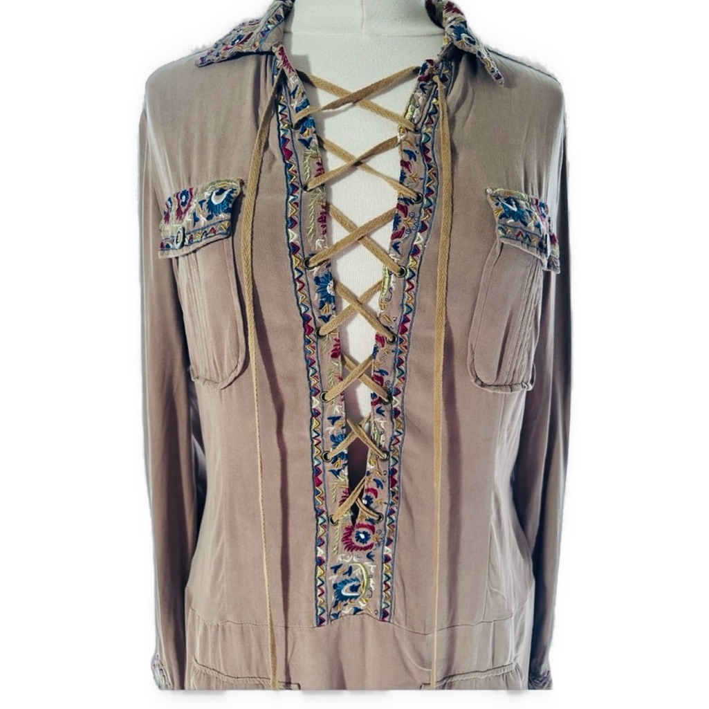 100% Silk Danang Embroidered Lace Up Herringbone Pattern Tan Long Slv Mini Dress